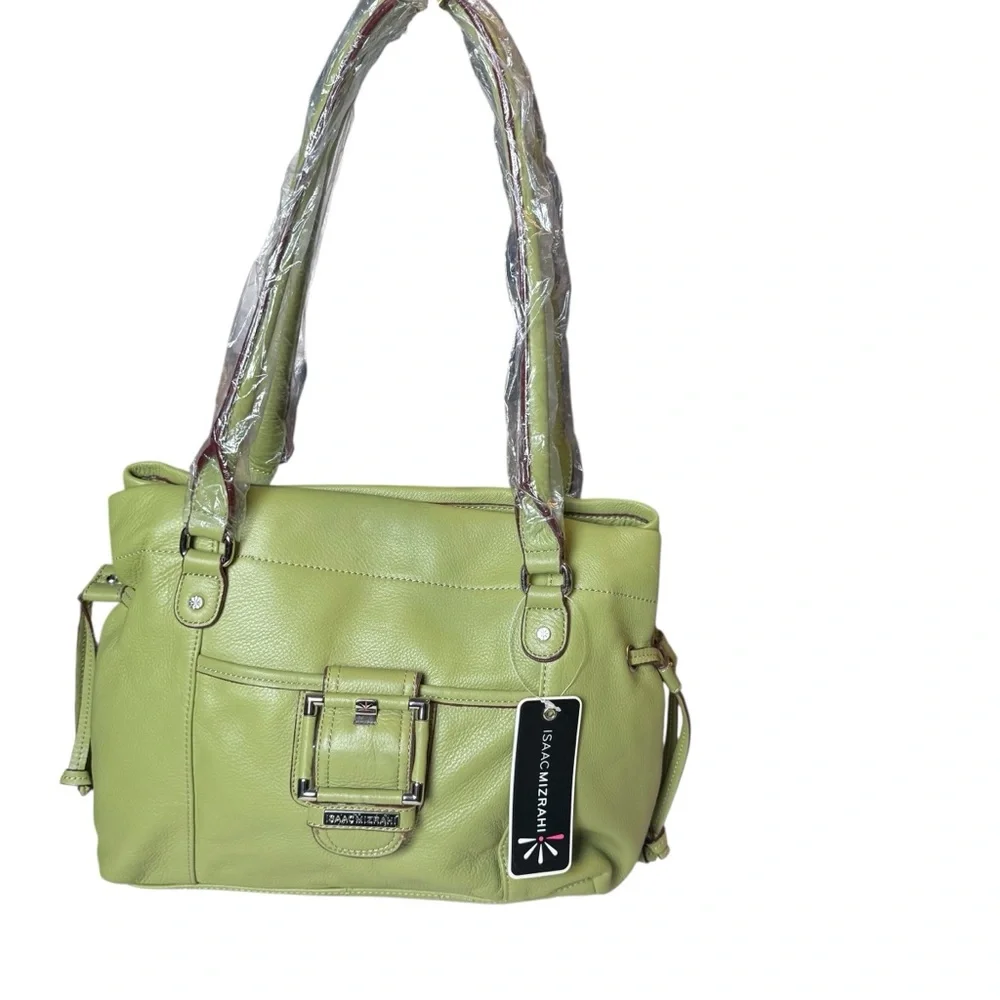 NWT ISAAC MIZRAHI GREEN FAUX LEATHER BUCKLE SATCHEL HANDBAG